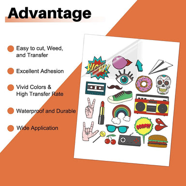 Sheet of colorful stickers with text listing advantages on an orange background