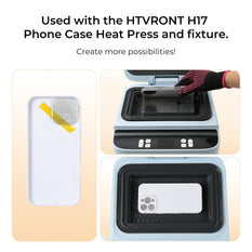 HTVront H17 phone case heat press and fixture with a phone case being pressed.