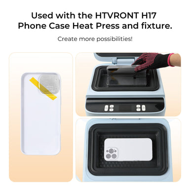HTVront H17 phone case heat press and fixture with a phone case being pressed.