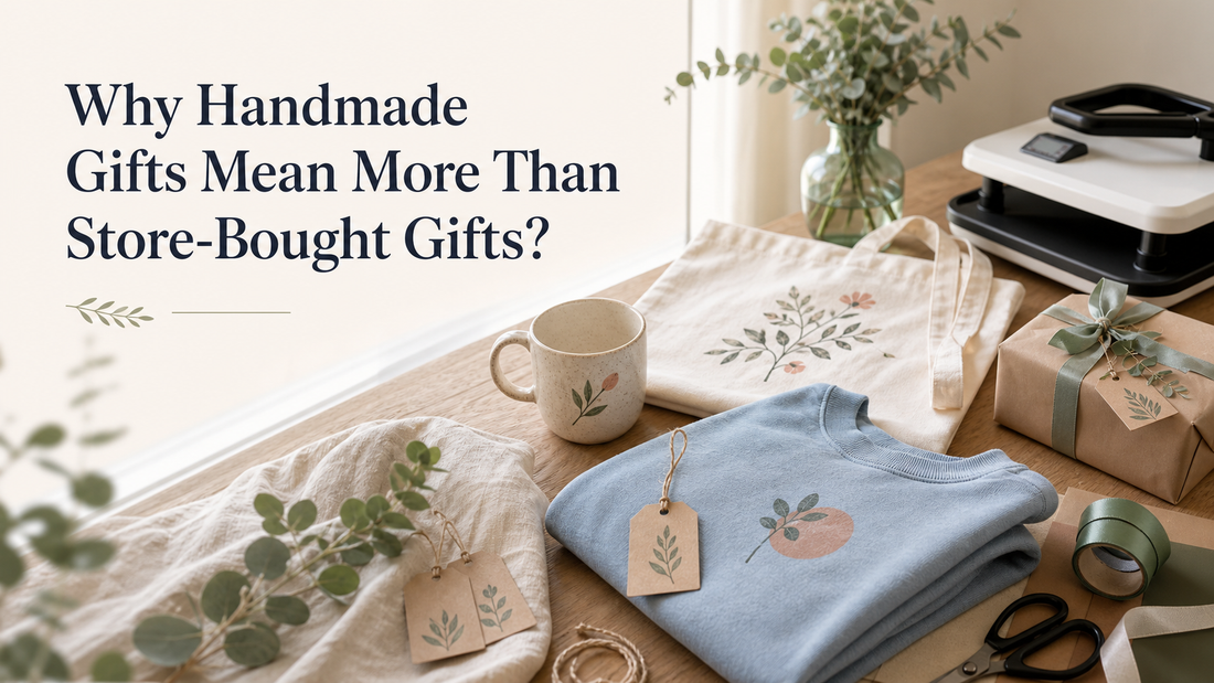Handmade DIY gifts including a custom tote bag, mug, sweatshirt, wrapped present, and heat press beside the title “Why Handmade Gifts Mean More Than Store-Bought Gifts?”