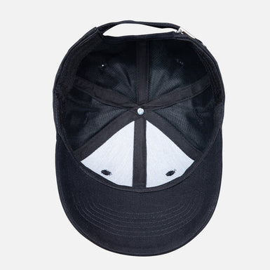 Black cap with a white triangle design on a light gray background