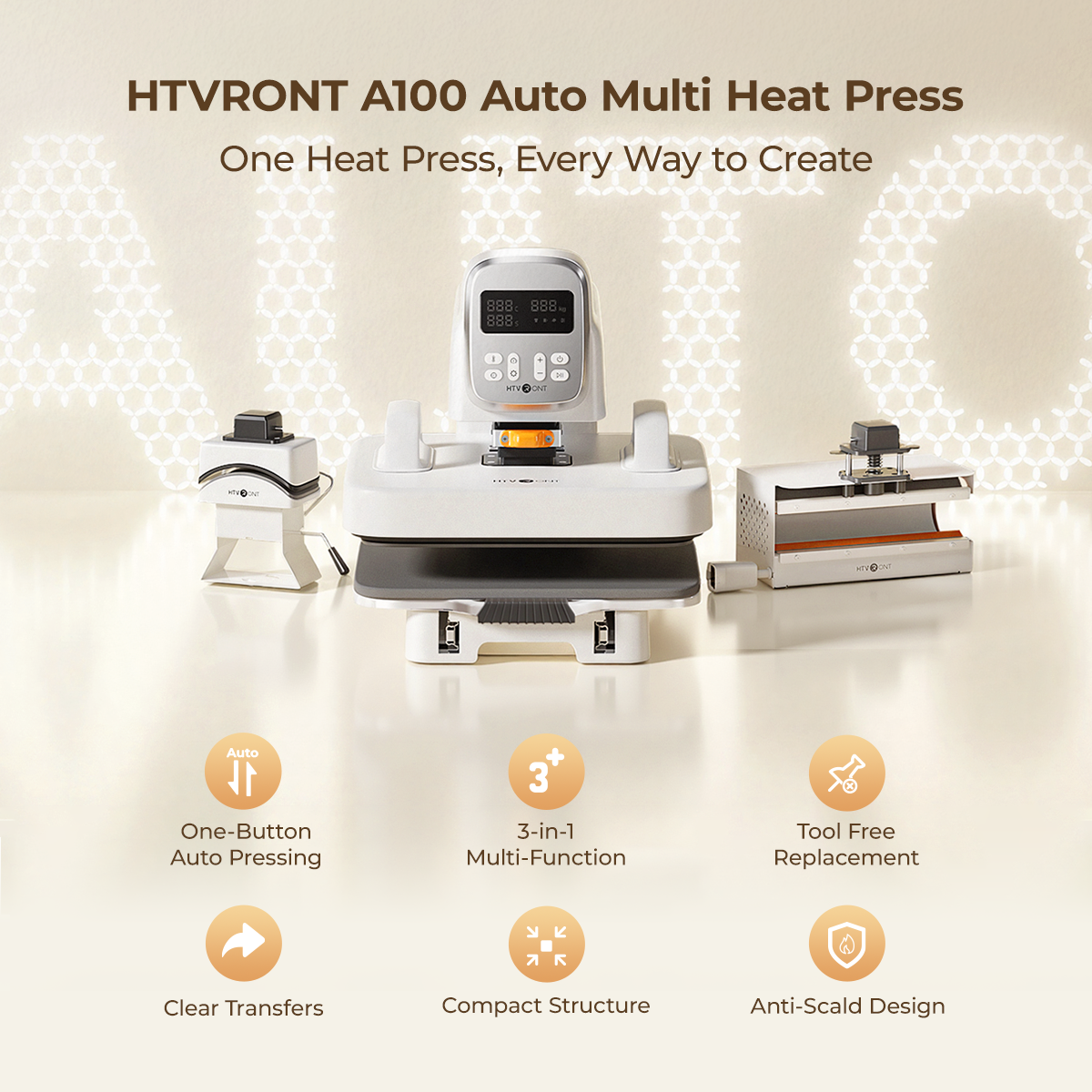 HTVRONT A100 Auto Multi Heat Press with features highlighted on a light background(EU)