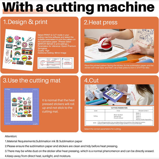 Step-by-step guide on using a cutting machine for design, printing, heat pressing, and cutting with an orange background.