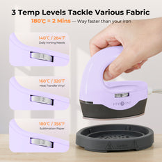 Purple heat press machine with temperature settings and a hand holding it, on a light background.