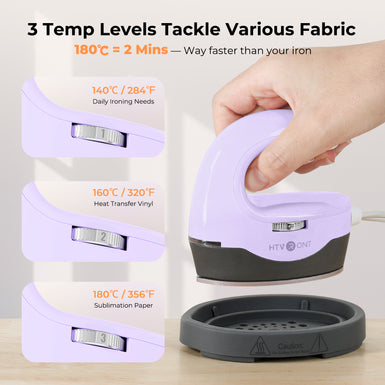 Purple heat press machine with temperature settings and a hand holding it, on a light background.