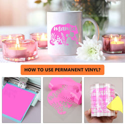 Step-by-step guide on using permanent vinyl with a mug and decorative items.