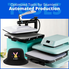 Heat press machine with a black hat featuring a colorful design on a white background, with text about optimized tools for automated production.