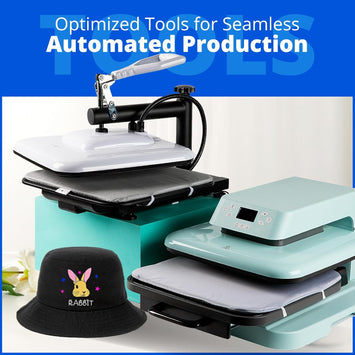 Heat press machine with a black hat featuring a colorful design on a white background, with text about optimized tools for automated production.