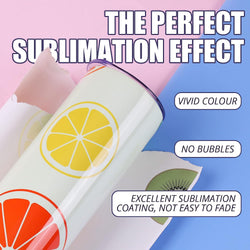 Tumbler with fruit designs on a gradient background with text highlighting sublimation effects.