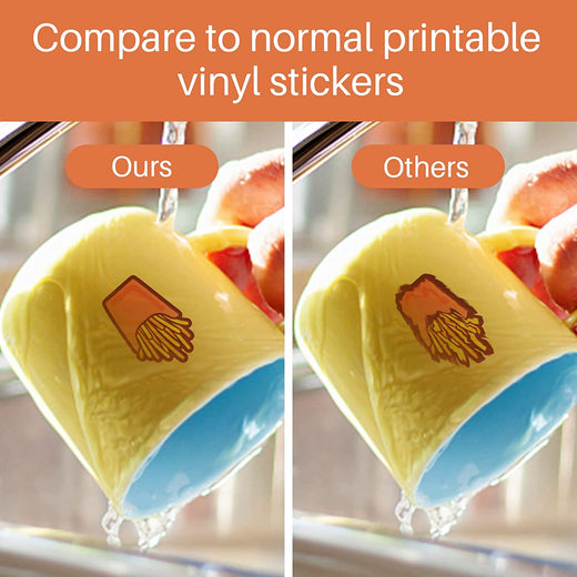 Comparison of printed vinyl stickers on a yellow cup with text 'Compare to normal printable vinyl stickers'.