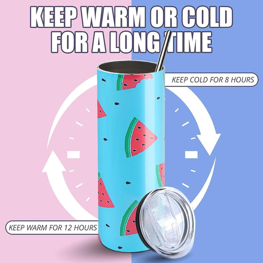 Blue tumbler with watermelon design on a pink and blue background with text about temperature retention.