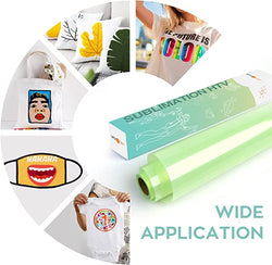 Roll of sublimation HTV with examples of printed products on a white background