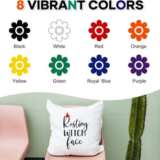 White pillow with 'Resting Witch Face' text on a green couch, surrounded by color swatches labeled Black, White, Red, Orange, Yellow, Green, Royal Blue, and Purple.