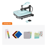 A heat press machine set shown on a white background, with the main heat press in mint and black above, and a smaller matching accessory below. An orange label reads 'Einsteiger-Set' and the bottom section shows included accessories such as pattern sheets, color cards, and sublimation paper.（DE）