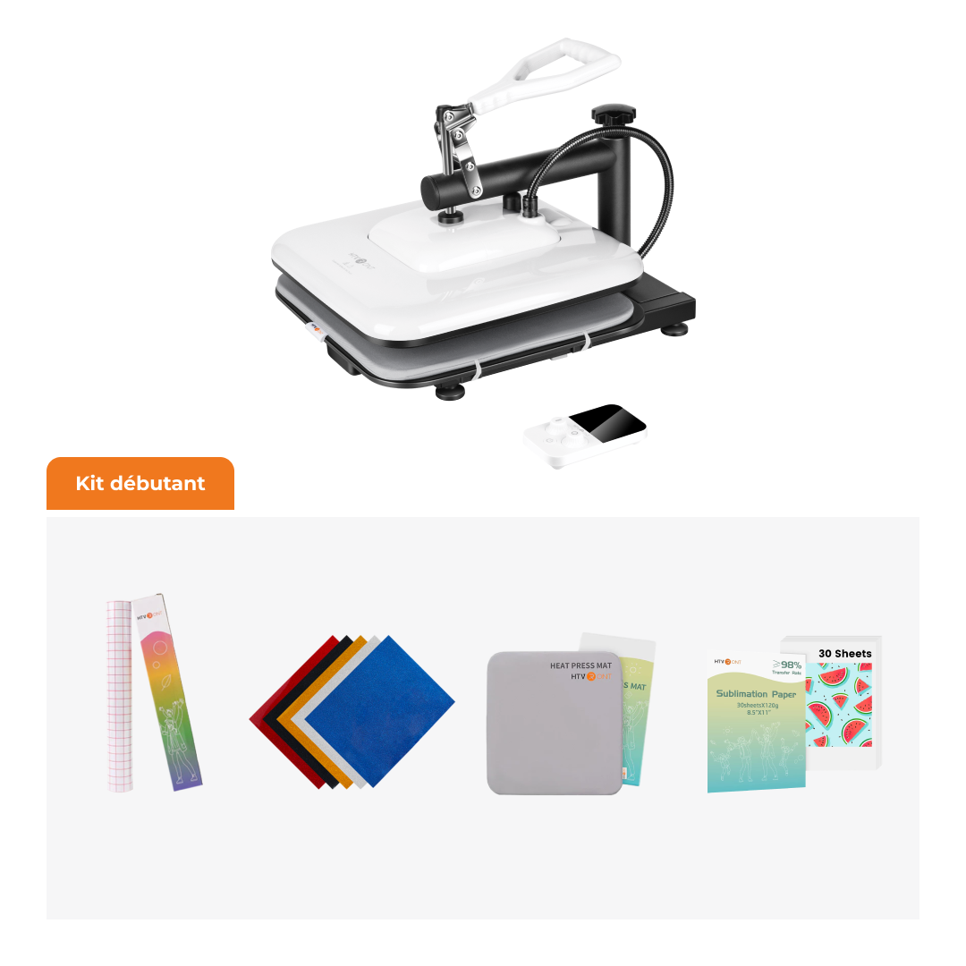 A beginner's heat transfer kit shown on a white background, featuring a white and black heat press machine with a carrying handle, a small clear sheet, and several accessory items below including colored transfer papers, a gray mounting board, and sheets of transfer paper. French text reads 'Kit débutant'.（FR）