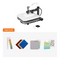 A beginner's craft kit displayed on a white background, featuring a white and black heat press machine at the top and various starter supplies below, including colored sheets, a heat transfer sheet, a roll, and a booklet labeled '30 Sheets'.(EU)