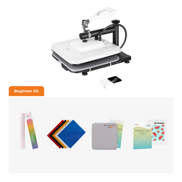 A beginner's craft kit displayed on a white background, featuring a white and black heat press machine at the top and various starter supplies below, including colored sheets, a heat transfer sheet, a roll, and a booklet labeled '30 Sheets'.(EU)