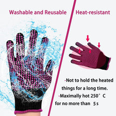 Gloves with text highlighting washability, reusability, heat resistance, and usage guidelines.