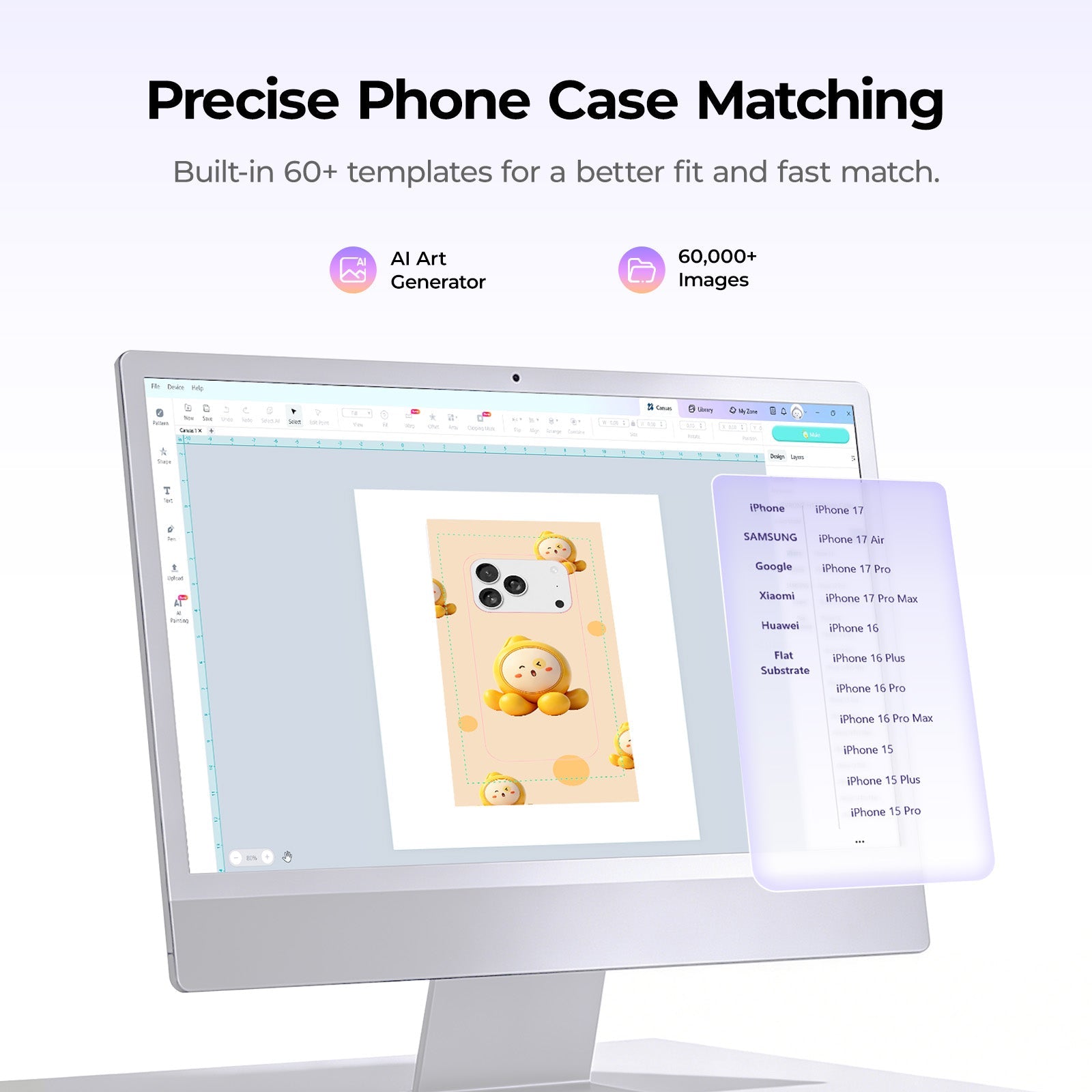 Computer screen displaying an AI art generator with phone case design templates.