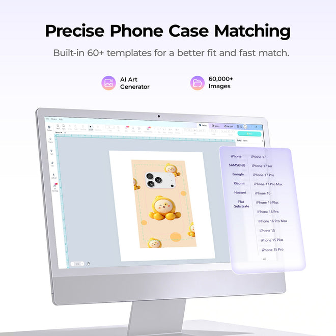 Computer screen displaying an AI art generator with phone case design templates.