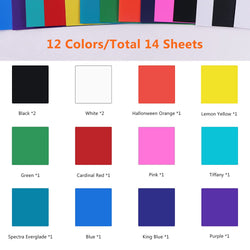 Color swatches with labels and a text indicating 12 colors and 14 sheets.