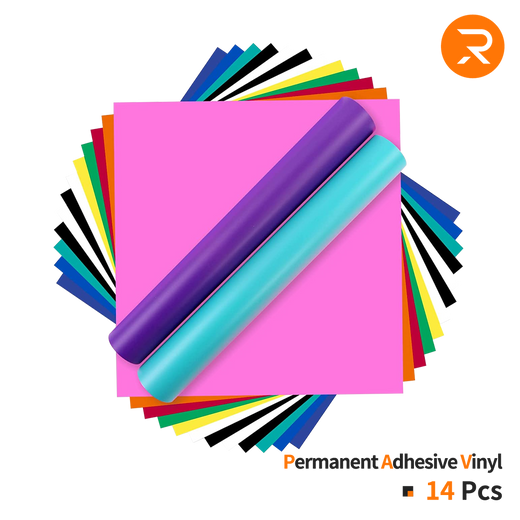 Assorted colors of permanent adhesive vinyl with a brand logo on a white background