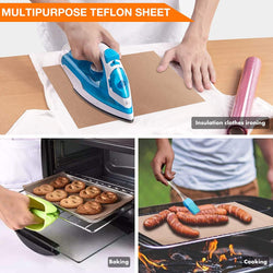 Multifunctional Teflon sheet being used for ironing, baking, and cooking.