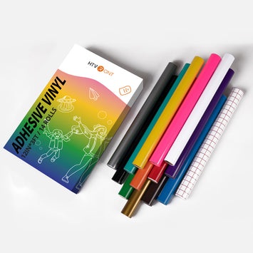 Packaging of adhesive vinyl rolls with colorful packaging on a white background