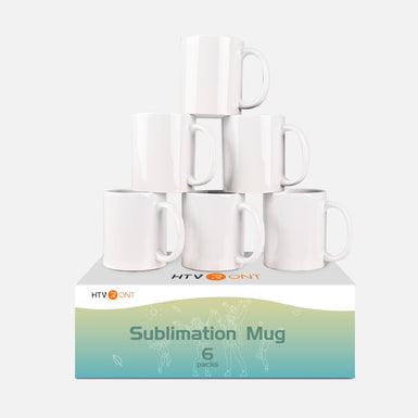 Packaging of 6 sublimation mugs with a gradient design on a white background