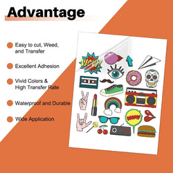 Sheet of colorful stickers with text listing advantages on an orange background