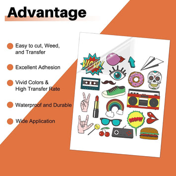 Sheet of colorful stickers with text listing advantages on an orange background