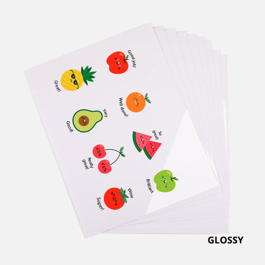 Set of white napkins with colorful fruit illustrations and text on a white background.
