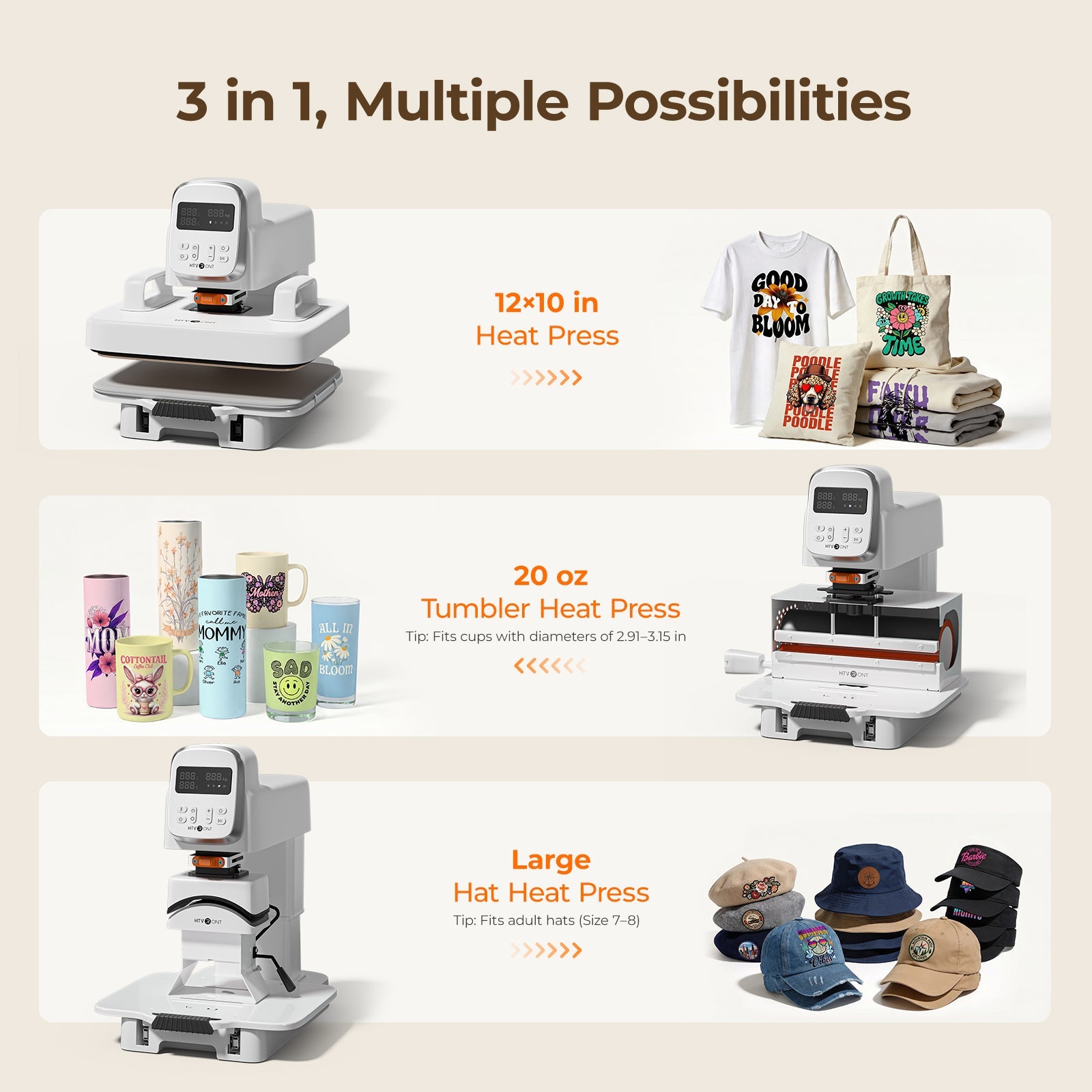 A100 3-in-1 auto multi heat press machine for shirts, tumblers, and hats on a beige background(EU)