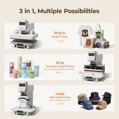 A100 3-in-1 auto multi heat press machine for shirts, tumblers, and hats on a beige background(EU)