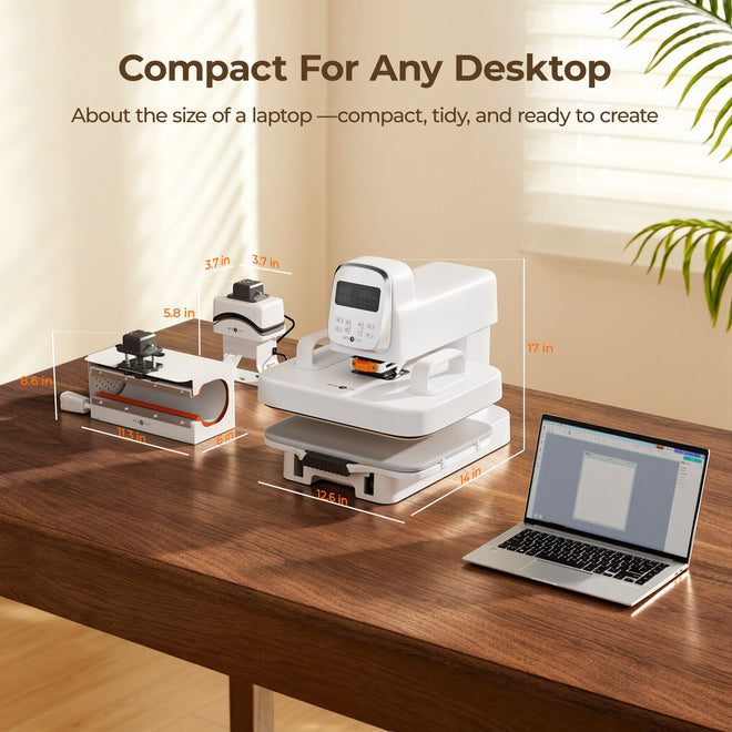 A100 multi heat press on a desk with text about its size and features