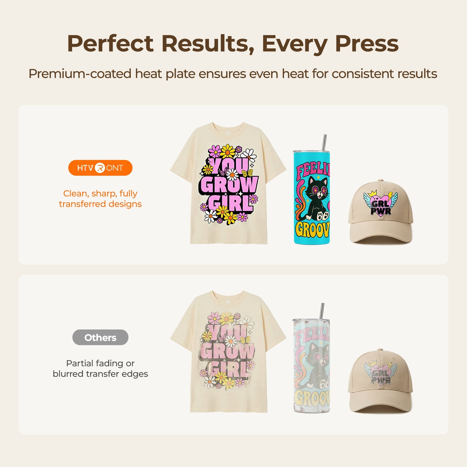 Promotional image of  HTVRONT heat press products with text about consistent results.(EU)