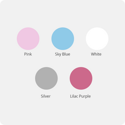 Five color swatches labeled Pink, Sky Blue, White, Silver, and Lilac Purple on a light gray background.