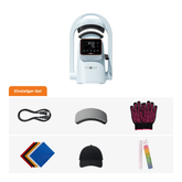A white and light blue HITO light therapy device shown above a set of included accessories on a white background, including a USB cable, visor, gloves, towels, baseball cap, and ruler. German text 'Einsteiger-Set' appears on the left.（DE）