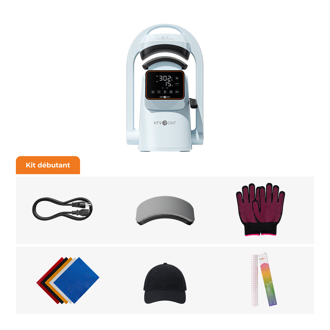A white and light blue HITOJET UV light therapy device shown above a kit layout labeled 'Kit débutant' on a white background. The kit includes a USB cable, a visor, gloves, colored towels, a baseball cap, and a ruler.（FR）
