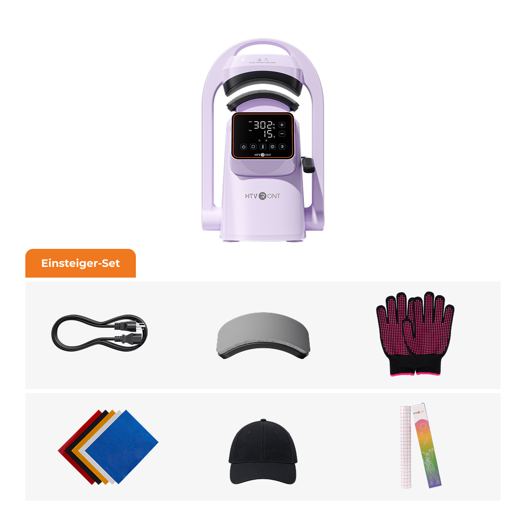 A HVTONT UV light therapy device in lavender purple is shown above a set of included accessories on a white background. The accessories include a black USB cable, a gray visor, pink-and-black work gloves, colored towels, a black baseball cap, and a rainbow-colored booklet.(DE)