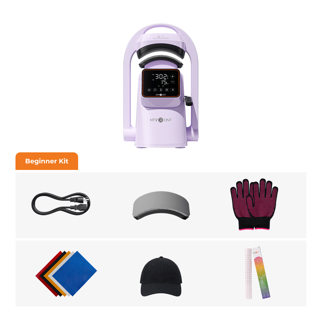 HTVONT UV light therapy starter kit on a white background, featuring a lavender UV lamp, a USB charging cable, a visor, protective gloves, colored towels, a baseball cap, and a ruler under the 'Beginner Kit' label.(EU)