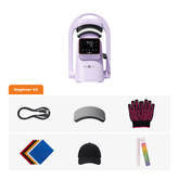 HTVONT UV light therapy starter kit on a white background, featuring a lavender UV lamp, a USB charging cable, a visor, protective gloves, colored towels, a baseball cap, and a ruler under the 'Beginner Kit' label.(EU)