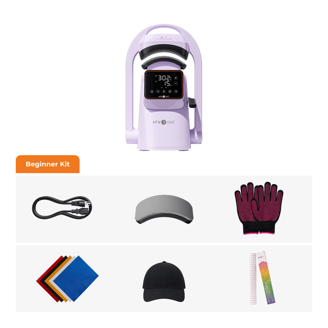 HTVONT UV light therapy starter kit on a white background, featuring a lavender UV lamp, a USB charging cable, a visor, protective gloves, colored towels, a baseball cap, and a ruler under the 'Beginner Kit' label.(EU)