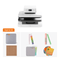HTV dot beginner kit featuring a white and black HTV dot sublimation printer shown on top of a white desktop, with included accessories such as a gray mounting pad, brown transfer paper, a colorful notepad, green and pink pens, and a stack of practice sheets on a white background.(EU)