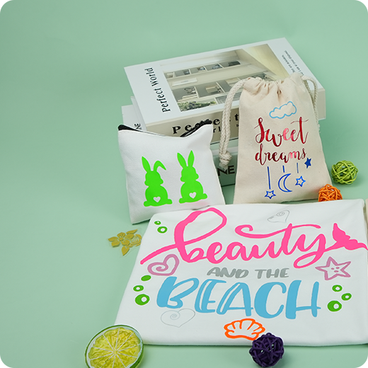 Three drawstring bags with colorful text and graphics on a light green background