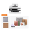 HTV Color premium kit featuring a white and black HTV Color machine, a gray cutting mat, brown paper sheets, a color strip card, a lavender heat press tool, and other accessories on a white background.(EU)