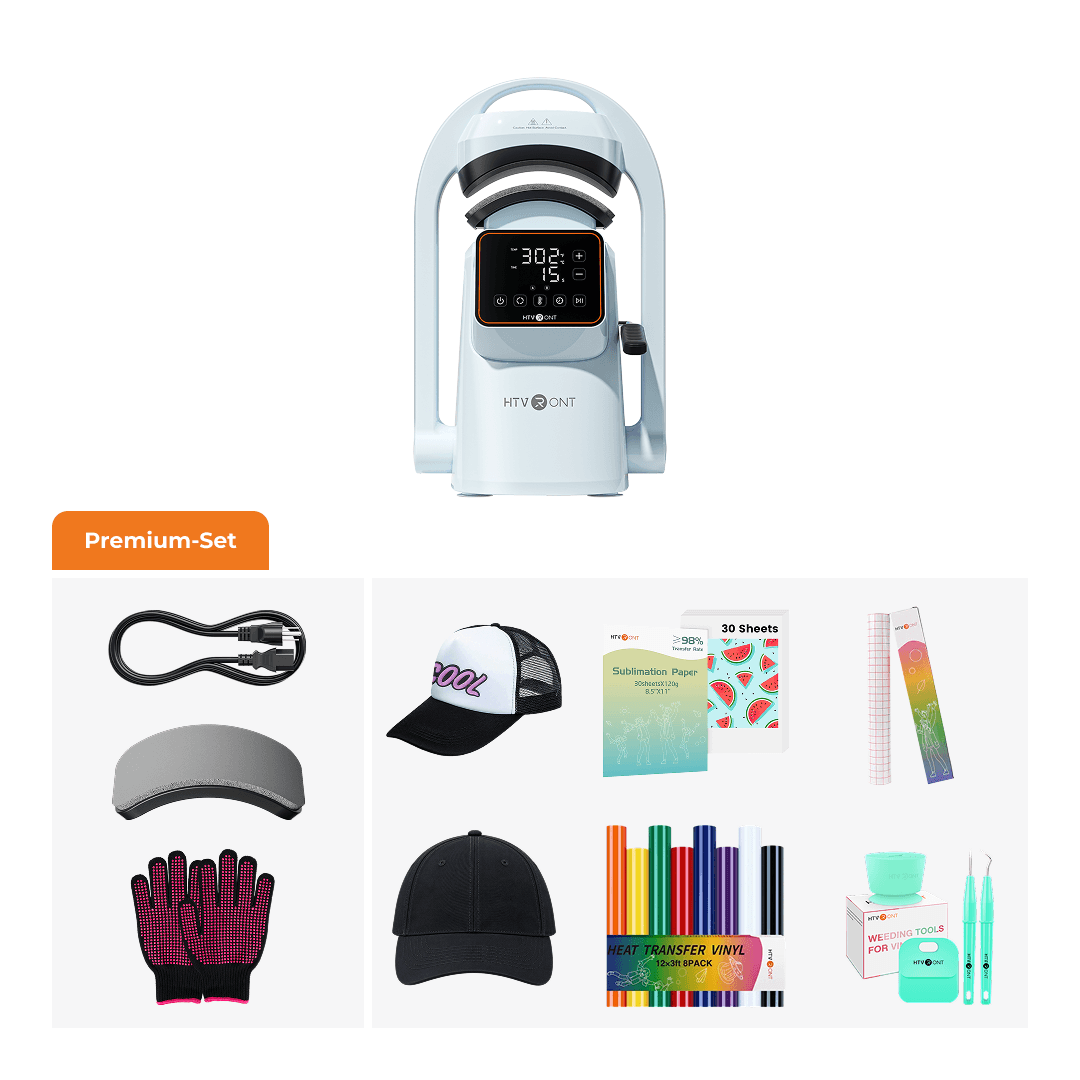 A white and black HAYABUSU laser treatment device shown above a collage labeled 'Premium-Set' containing accessories and included items such as a cable, visor, gloves, hats, paper, markers, and other small accessories on a white background.(DE)