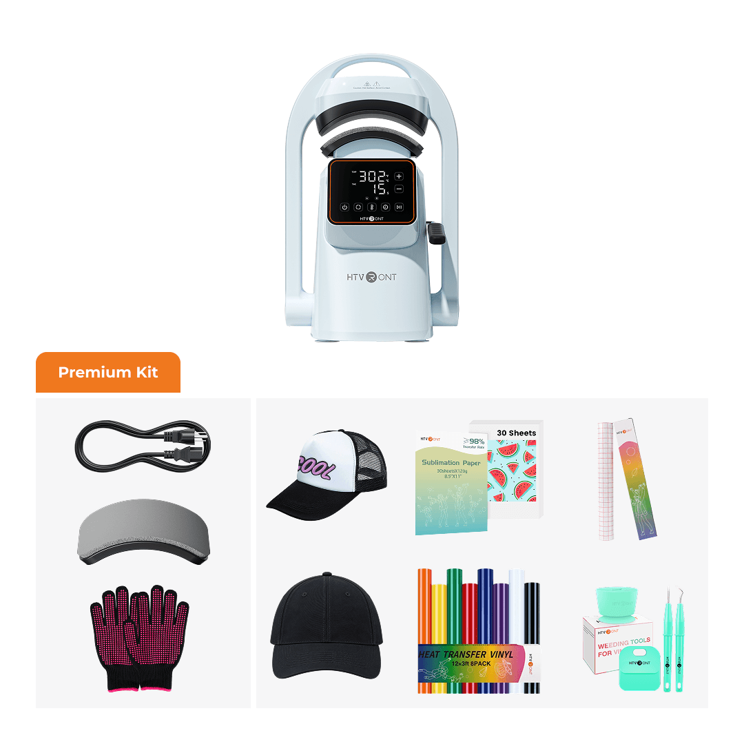 HTVONT LED light therapy head shown above a collage labeled 'Premium Kit' with accessories including a charging cable, visor, gloves, hats, sticker sheets, colored pencils, and small tools on a white background.(EU)