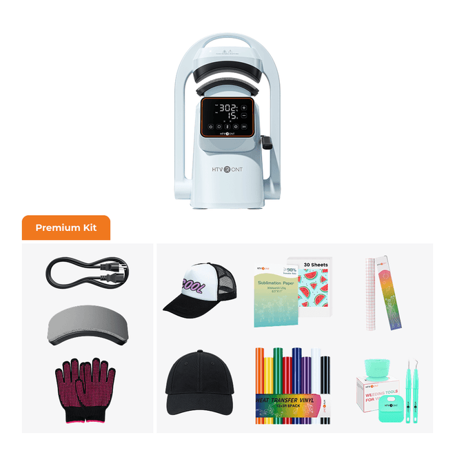 HTVONT LED light therapy head shown above a collage labeled 'Premium Kit' with accessories including a charging cable, visor, gloves, hats, sticker sheets, colored pencils, and small tools on a white background.(EU)