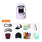 A lavender UV/LED nail curing machine shown above a collage labeled 'Premium Kit' with accessories including a charging cable, visor, gloves, hats, stickers, nail colors, and tools on a white background.（EU）